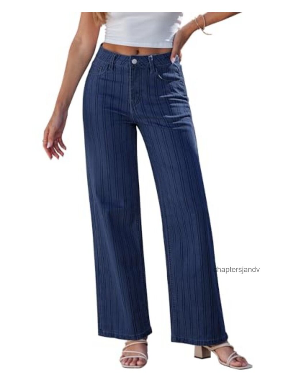 High Waisted Wide Leg Striped Jeans Slight Stretch Denim Trousers